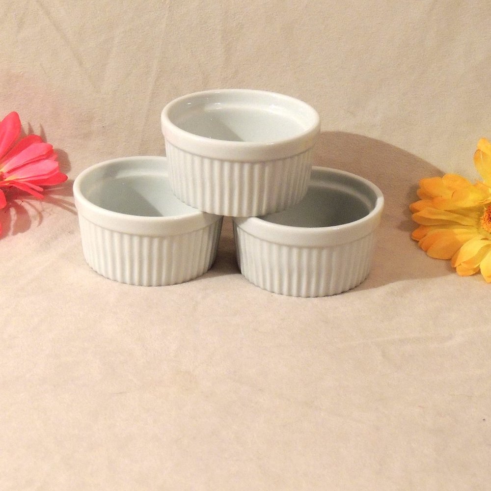 LOT OF 3/PIER 1 WHITE RIBBED PORCELAIN RAMEKINS